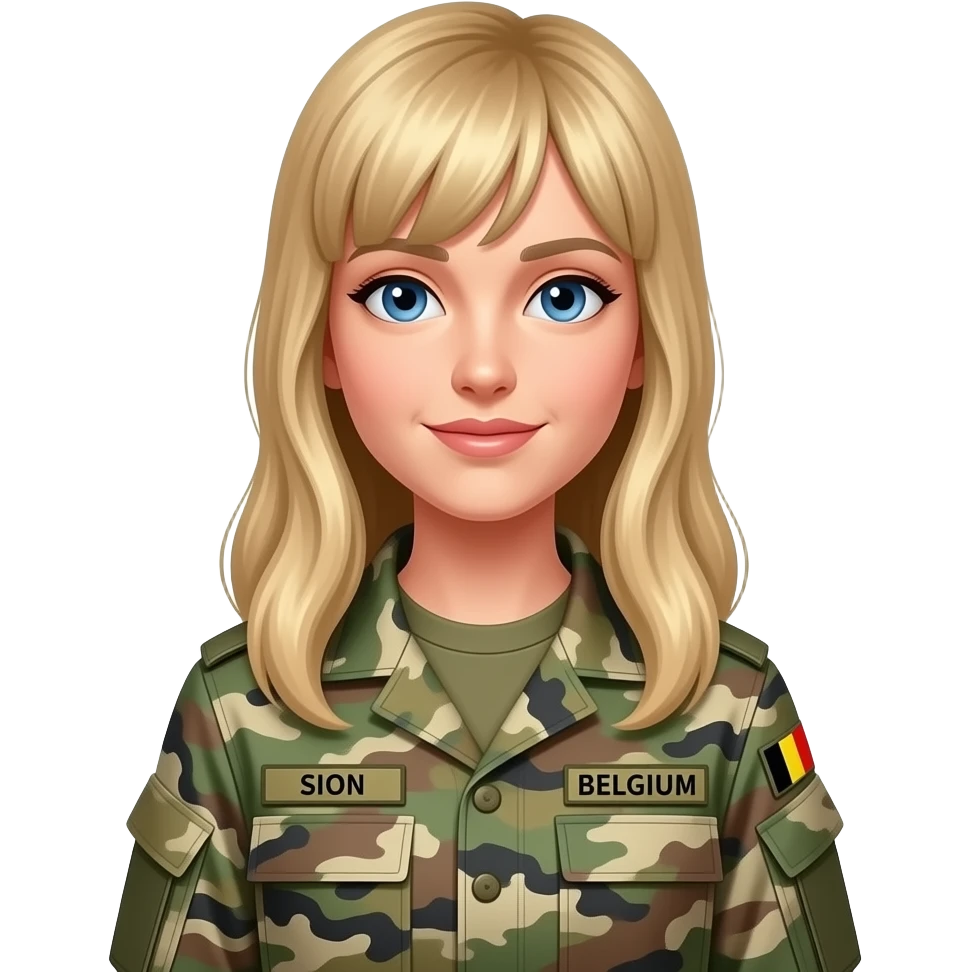 woman - skinny - military - blond very long hair with bangs - blue eyes - feminine - SION on name tag on the left - BELGIUM on the name tag on the right - Belgium flag on the right arm - long sleeves for uniform - camouflage field uniform - kaki t-shirt under the uniform emoji