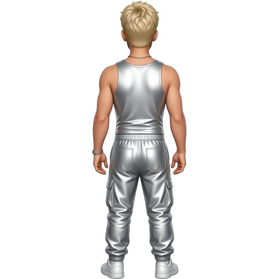 Aaron Carter from behind with blonde hair, silver metallic tank top, silver metallic saggy joggers, necklace emoji