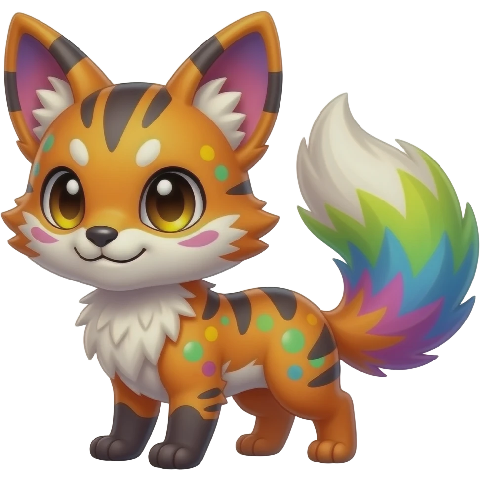Feral Rare Fantasy vibrant colorful tropical cute, kawaii, cool, Spectrobes-Medabots-species by LiLaiRa, random markings, tufted tail, tufted ears, full body, cheek markings emoji