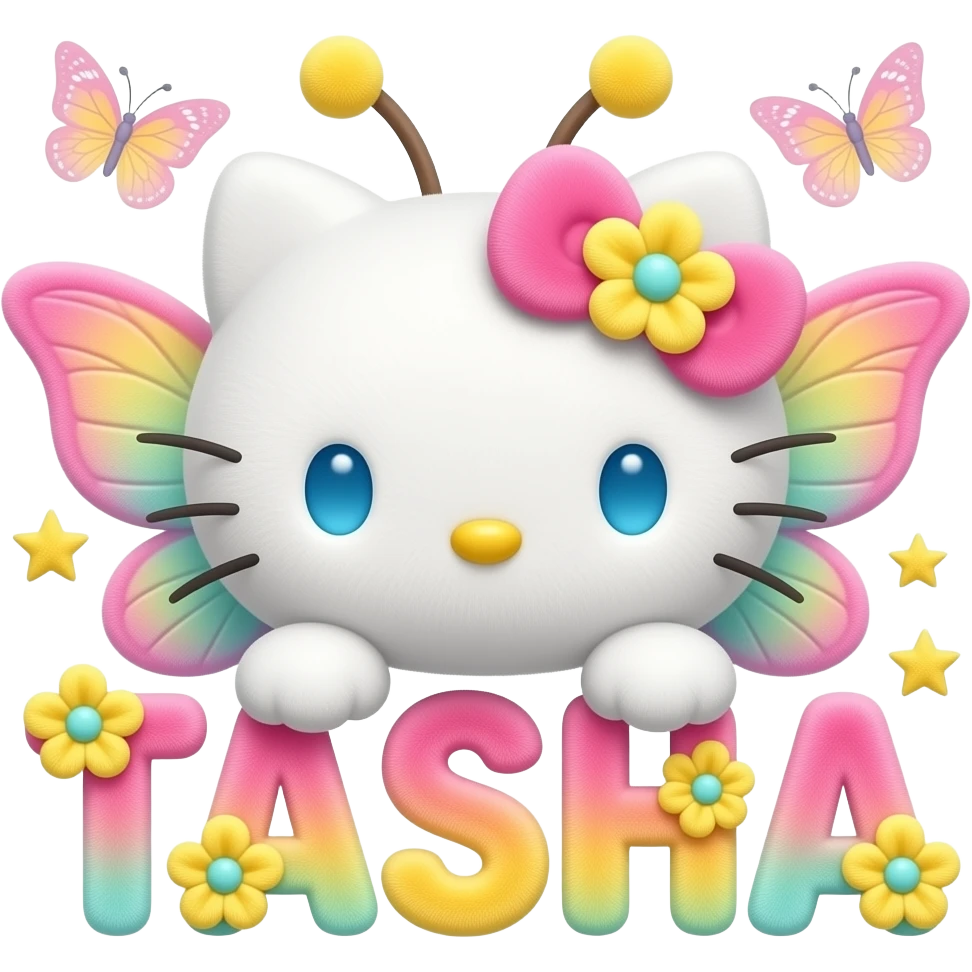 White velvety fur 3D hello kitty head, pink yellow cyan ombre 3D flower ...