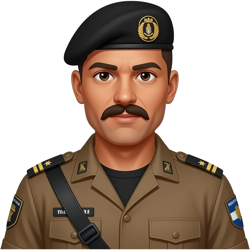 Sargento marcos Policial militar do Paraná masculino moreno escuro de bigode  com cabelo raspado com bigode  boina preta e farda tatica marrom e camiseta preta sem a s luvas de oficial por dentro da farda, sem detalhes em preto na farda por fora sem nehum prestando continência emoji