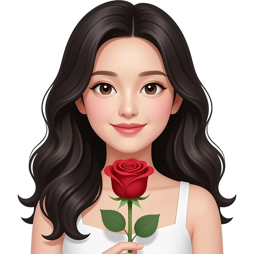 Mujer coreana recibiendo una rosa, que la chica sea piel muy clara, cabello ondulado y negro y con ojos asiáticos emoji