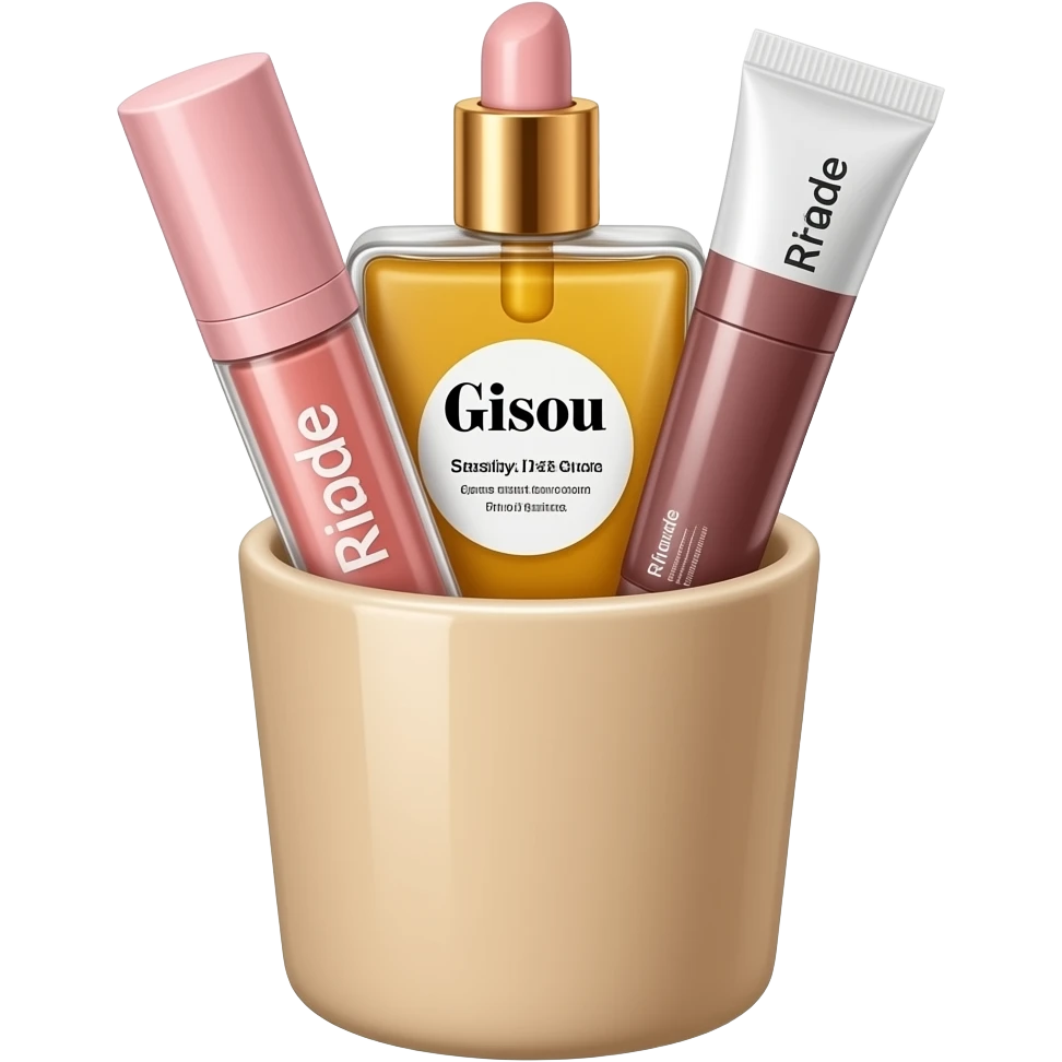 ultra-realistic cosmetics by brands “gisou” and “rhode” in beige cup emoji