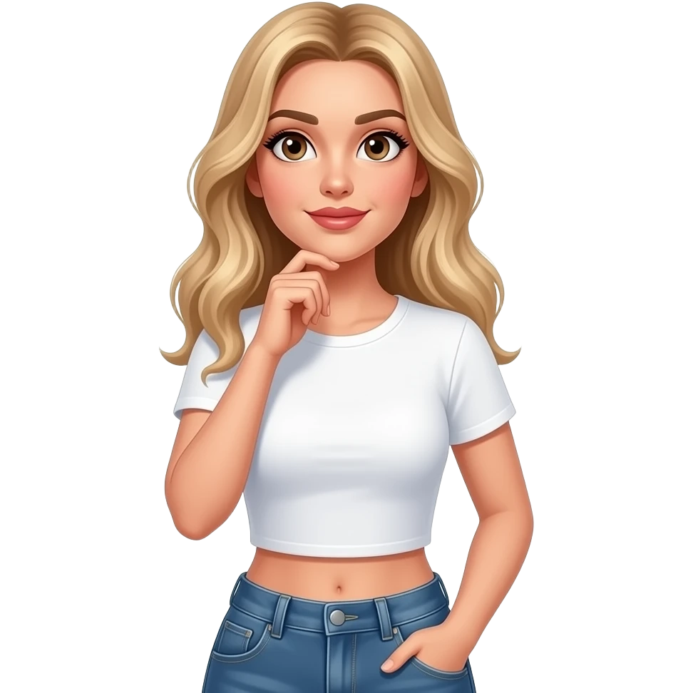 Woman thinking and looking up wearing white croped t shirt with jean pants. Brown eyes and blonde long hair. Very sexy and seducing eye look. emoji