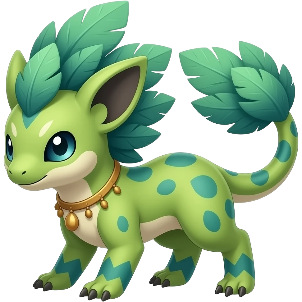 Tropical feathery shamanic cultural Greenish beautiful handsome gorgeous aesthetic colorful vibrant Vernid-Trico-species-Fakemon-creature by LiLaiRa, 4 legs, 1 tail, random markings, (full body) emoji
