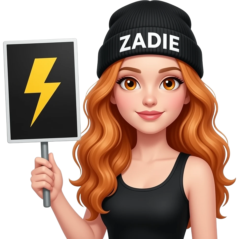 sexy girl with overlong wavy ginger hair and ginger eyes wearing a black tanktop and a black beanie with ZADIE written on it, is holding a black sign with 🌩️ on it emoji