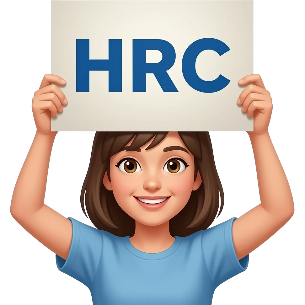 여자 어린이가 팻말을 머리 위로 들고 있고 팻말에는 HRC가 적혀있다 emoji
