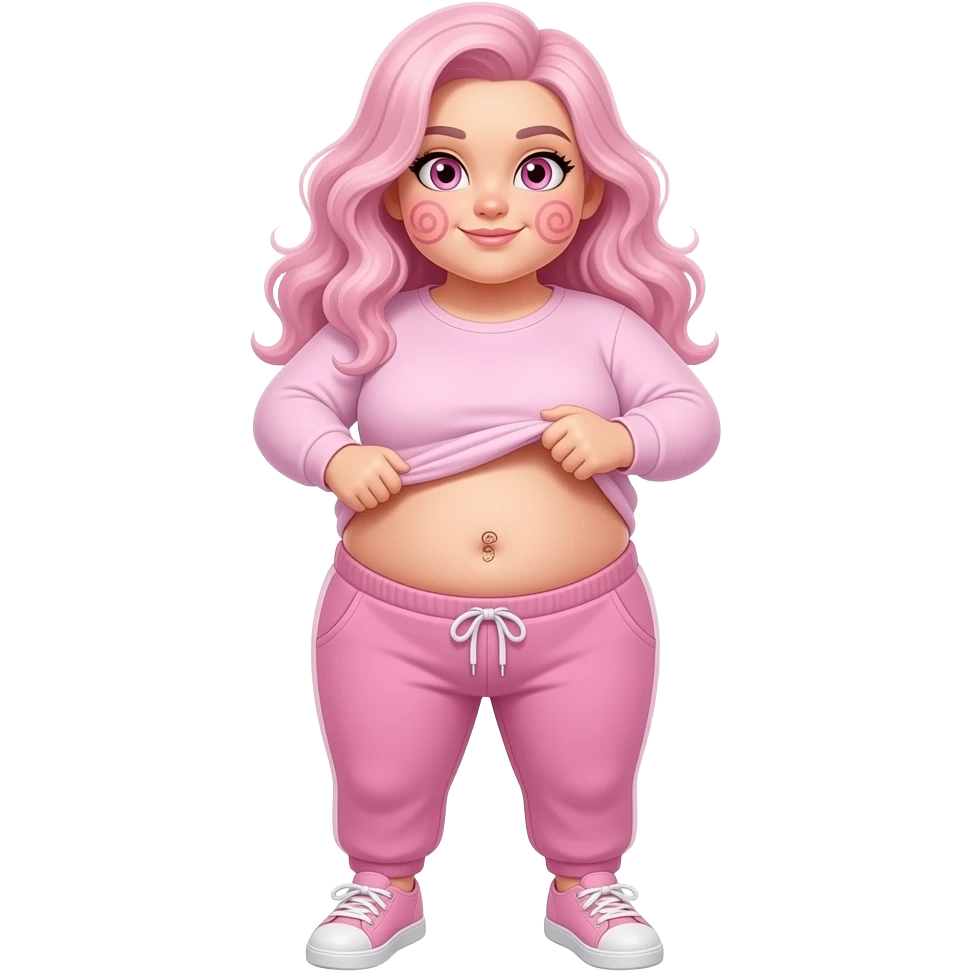White fat girl pink eyes light pink swirly long hair pink swirl cheeks light pink plain long sleeve shirt light pink sweat pants light pink shoes lifting her shirt showing swirly belly button emoji