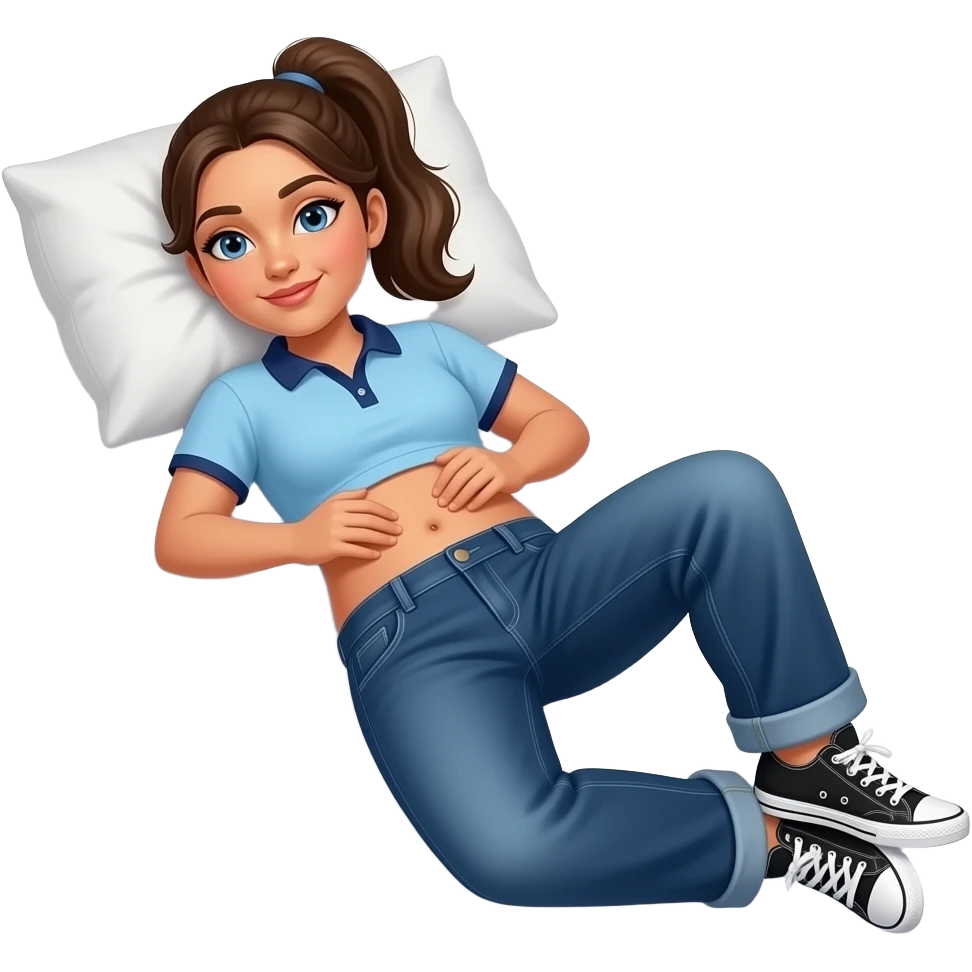Abs Hispanic girl with brown ponytail and blue eyes light blue dark blue lined polo and dark blue baggy jeans and belly button and black and white sneakers laying down on the pillow in bed rolling her tummy emoji