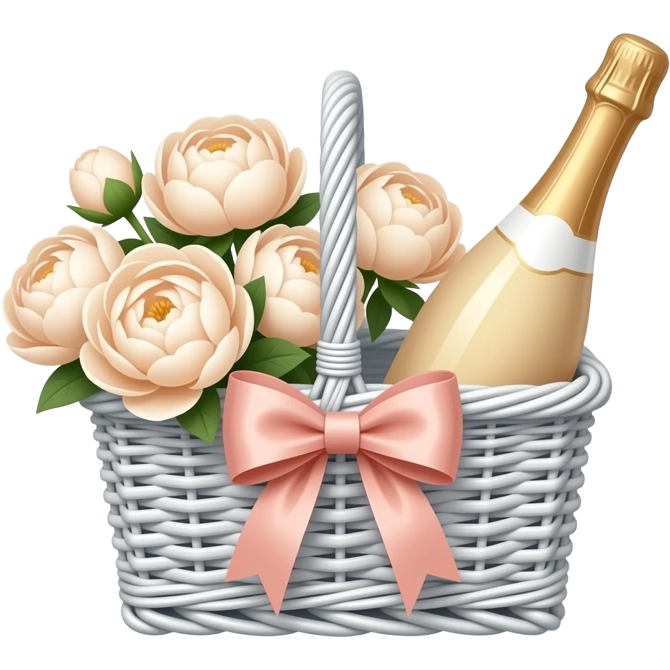 White Picnic basket with light pink bow and beige peonies and a beige champage bottle inside emoji