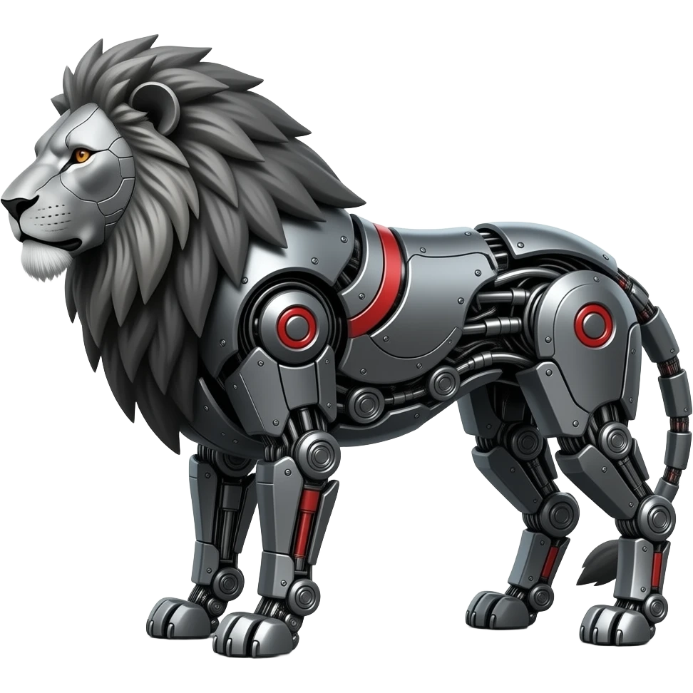 full body Mechanical  lion made of dark grey metal with black and red markings. emoji