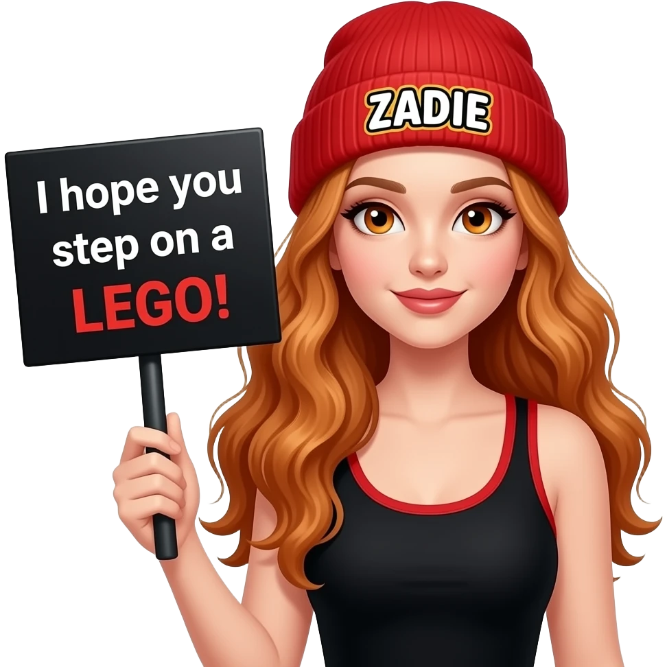 sexy girl with overlong wavy ginger hair and ginger eyes wearing a black red tanktop and a red beanie with ZADIE written on it, is holding a black sign with I hope you step on a LEGO! written on it emoji