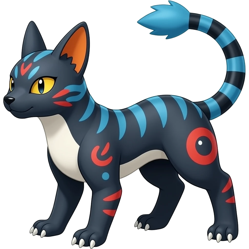 midnight scaly blue-gray-black, with red markings, white belly, scaley Bastet-Salandit-Absol-Umbreon-Litten-Noibat-Digimon-Fakémon-Pokémon-creature (full body) emoji