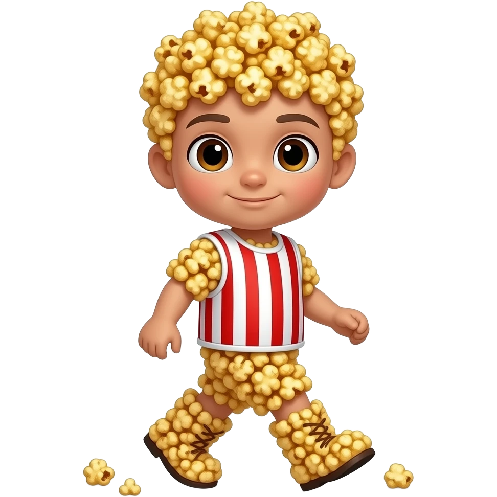 A full-body boy chibi made entirely of crispy, golden caramel popcorn ...