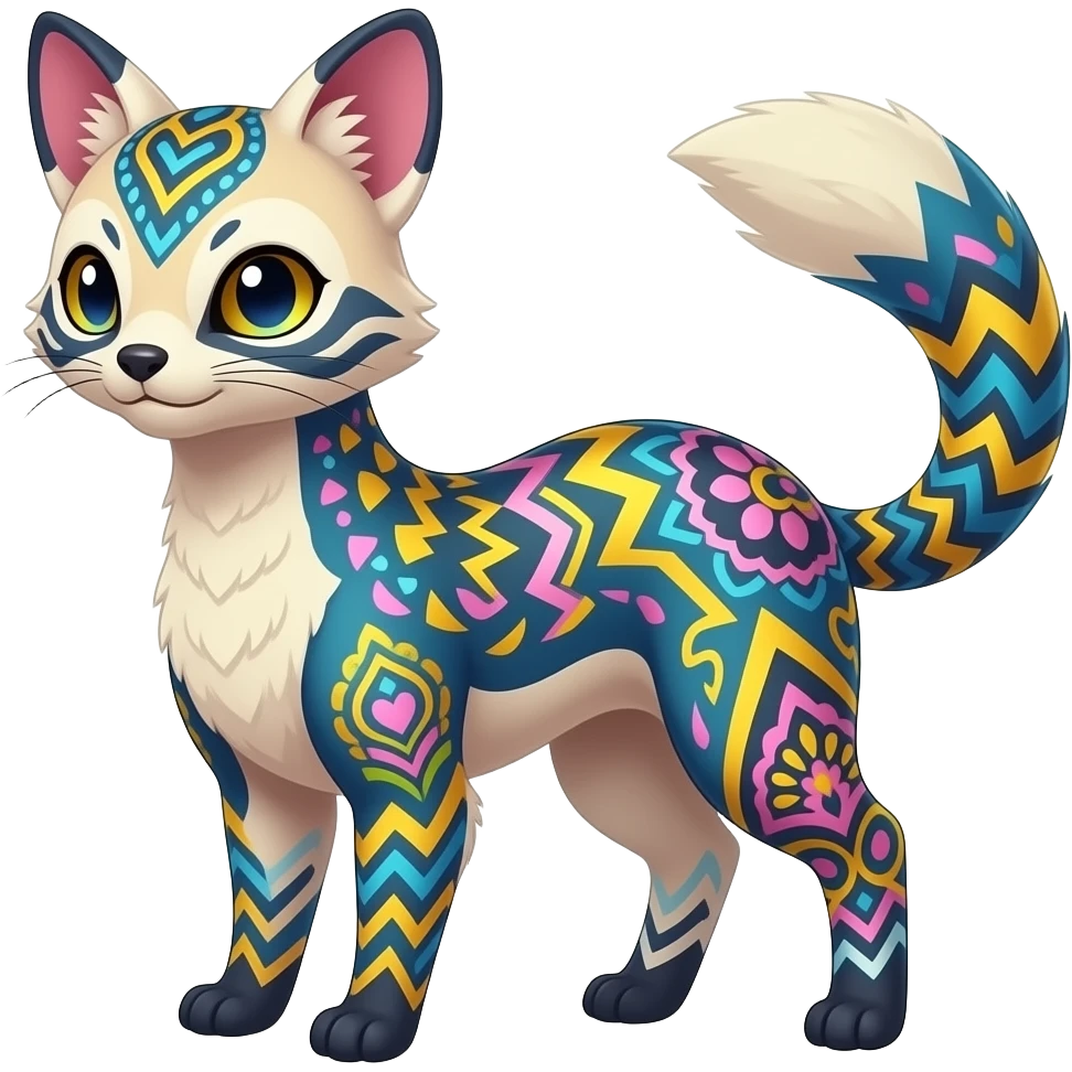 Colorful scaly soft spunky elegant thin Realistic tall slim unique fantasy original shiny smooth soft flurry edgy cool Civet-Absol-Sprigatito-Vaporeon-Fakémon-hybrid with tribal chevron heart floral lightning bolt strikes damask paisley markings emoji