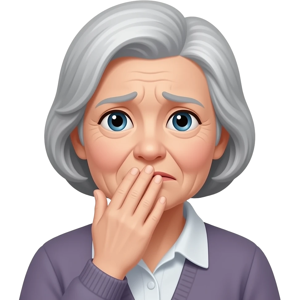 An anxious grandmother with salt-and-pepper hair, holding her hand to her mouth. emoji