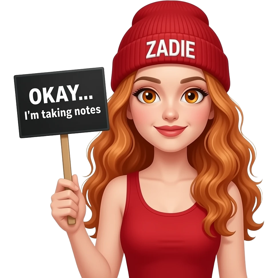 sexy girl with overlong wavy ginger hair and ginger eyes wearing a red tanktop and a red beanie with ZADIE written on it, is holding a black sign with OKAY... I'm taking notes written on it emoji