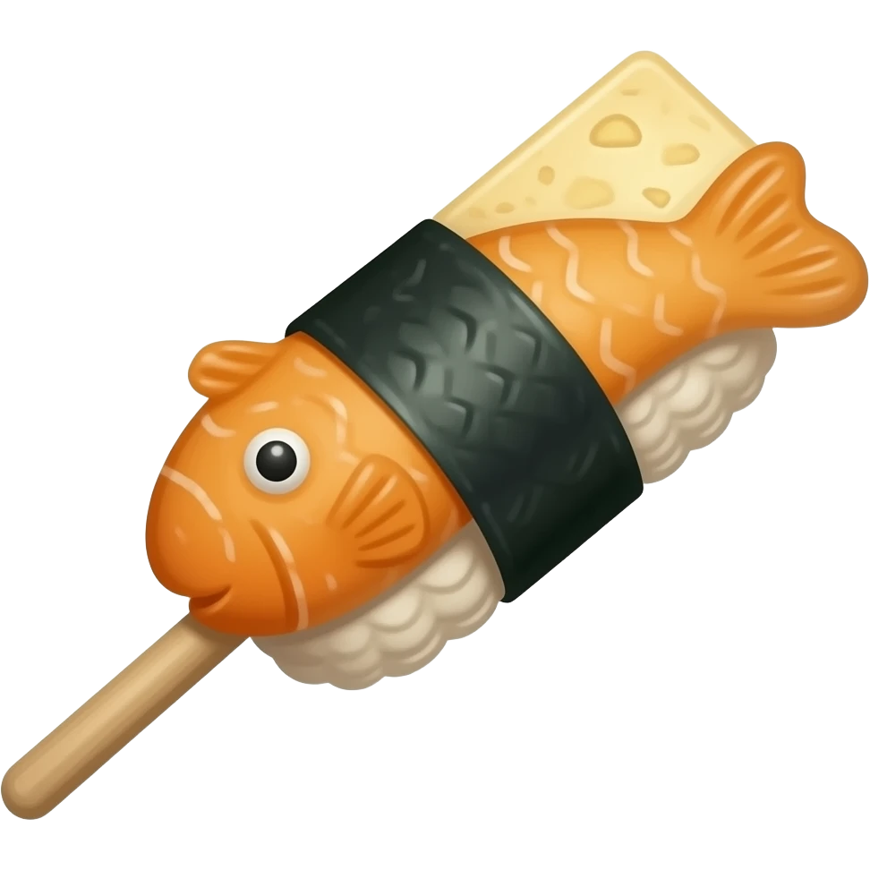 black triangle fish texture, orange fish patty, beige rectangular tofu on a spicy stick emoji