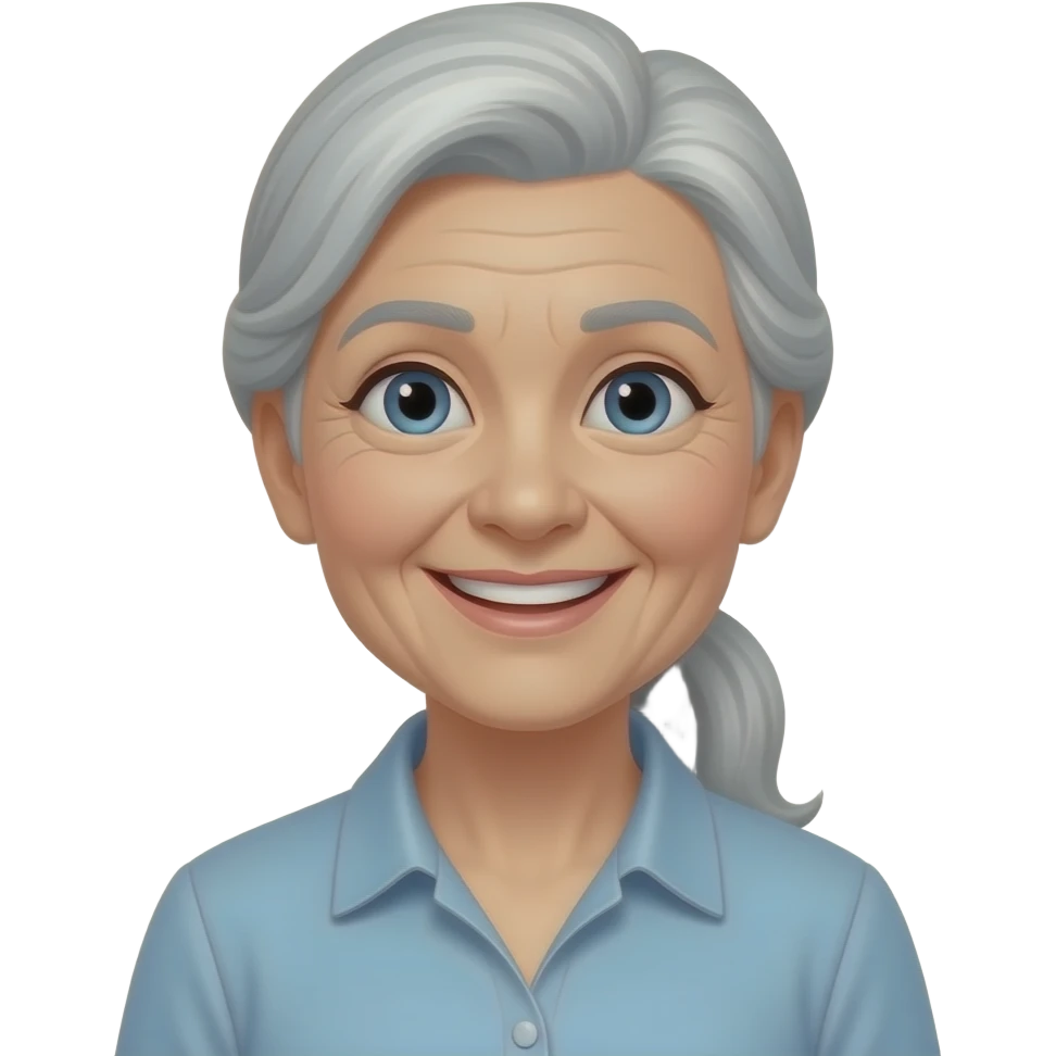 "An old lady with her long white hair gathered into a ponytail is beaming with a bright smile. emoji
