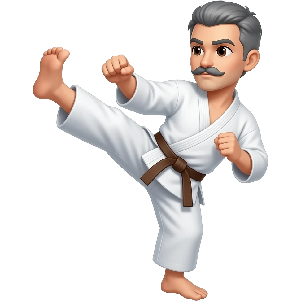 No BEARD, Short gray hair with a mustache doing a karate kick and brown eyes and Brown Belt emoji