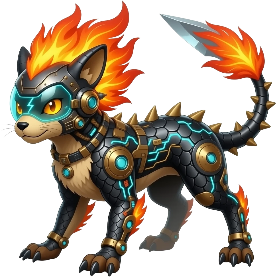 Cool edgy fiery bipedal furry cybernetic electrical visor-helmeted, Circuitry-patterned black-scaled digitigrade futuristic fantasy-Cyberpunk-Steampunk-Solarpunk-Genesect-Cyclizar-Salazzle-Protogen-Fakémon-animal-hybrid, with neon feather-mane, and a tail blade, back spikes emoji