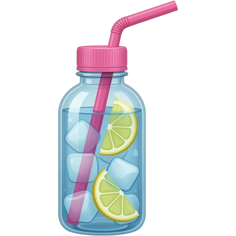 Pink water bottle with ice cold blue water with lemon slices and a pink straw. Realistic emoji