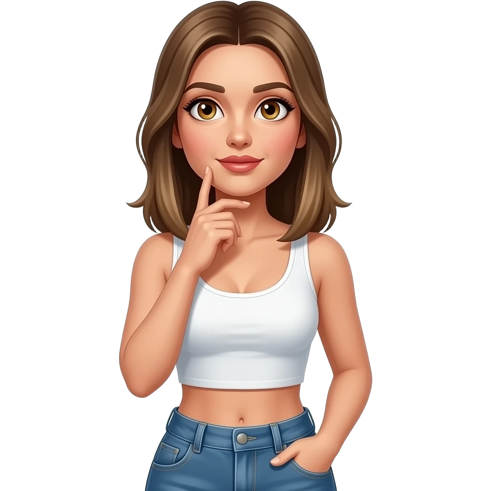 Woman thinking and looking up wearing white crop top with jean pants. Brown eyes and dark blonde straight hair. Very sexy and seducing eye look. emoji