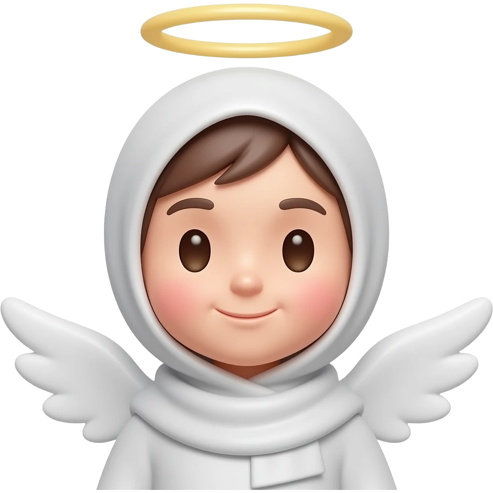 iOS-style emoji sticker of a cute angel face with, super deep dimples,feminine character with soft features, wearing a hijab, minimal glossy 3D emoji style, gentle expression, subtle halo, centered composition, white or transparent background, clean simple design, face only, no body, no text. emoji