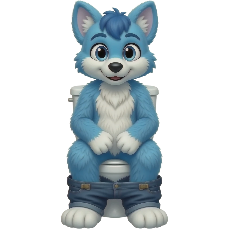 blue fursuit sitting on toilet, front view, pants down emoji