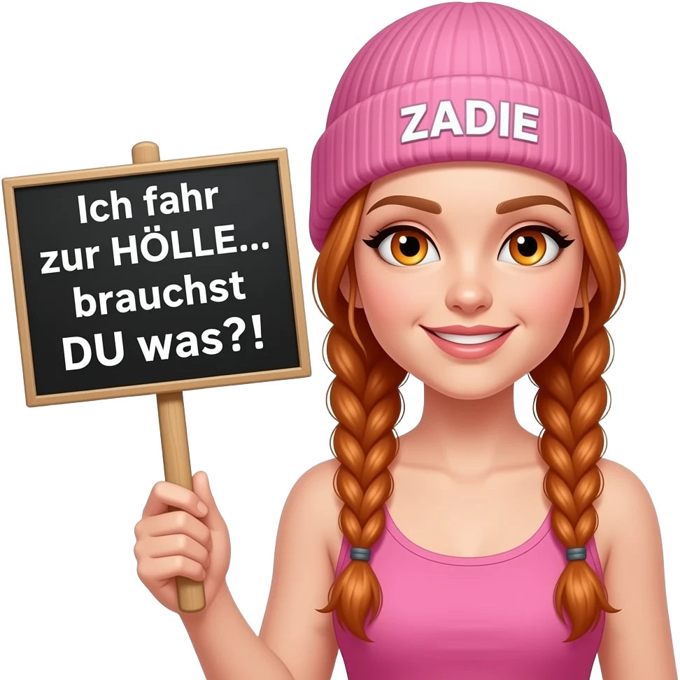 sexy girl with overlong ginger braids and ginger eyes wearing a pink tanktop and a pink beanie with ZADIE written on it, is holding a black sign with Ich fahr zur HÖLLE... brauchst DU was?! written on it emoji