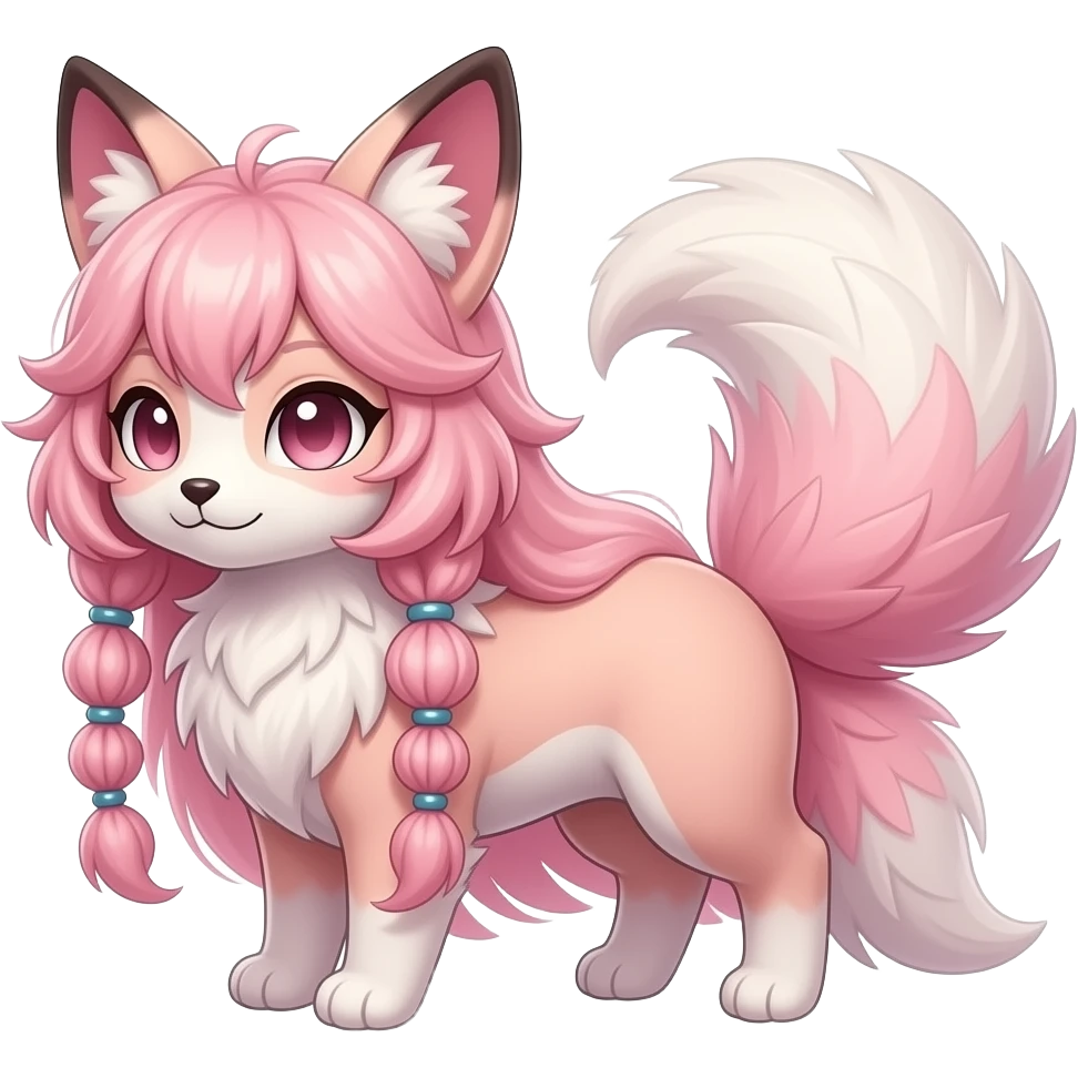 Fuzzy slim oriental feathery long-haired beaded mane cozy rosy aesthetic feathery Rosy beautiful Sylveon-Furret-Fennekin-Minccino-Espeon-Fakémon-hybrid emoji