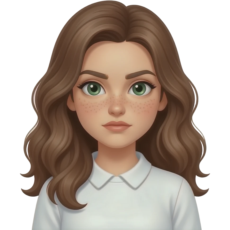 strong face expression very visible judgmental, cartoonish, caricatured, grotesque, suspicious side-eye meme by Brown wavy long haired with green eyes eyebrows raised cute face with freckles pretty girl in cute  white top with long sleeve and soft collar emoji