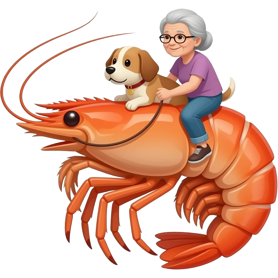 old woman riding giant shrimp with dog face emoji