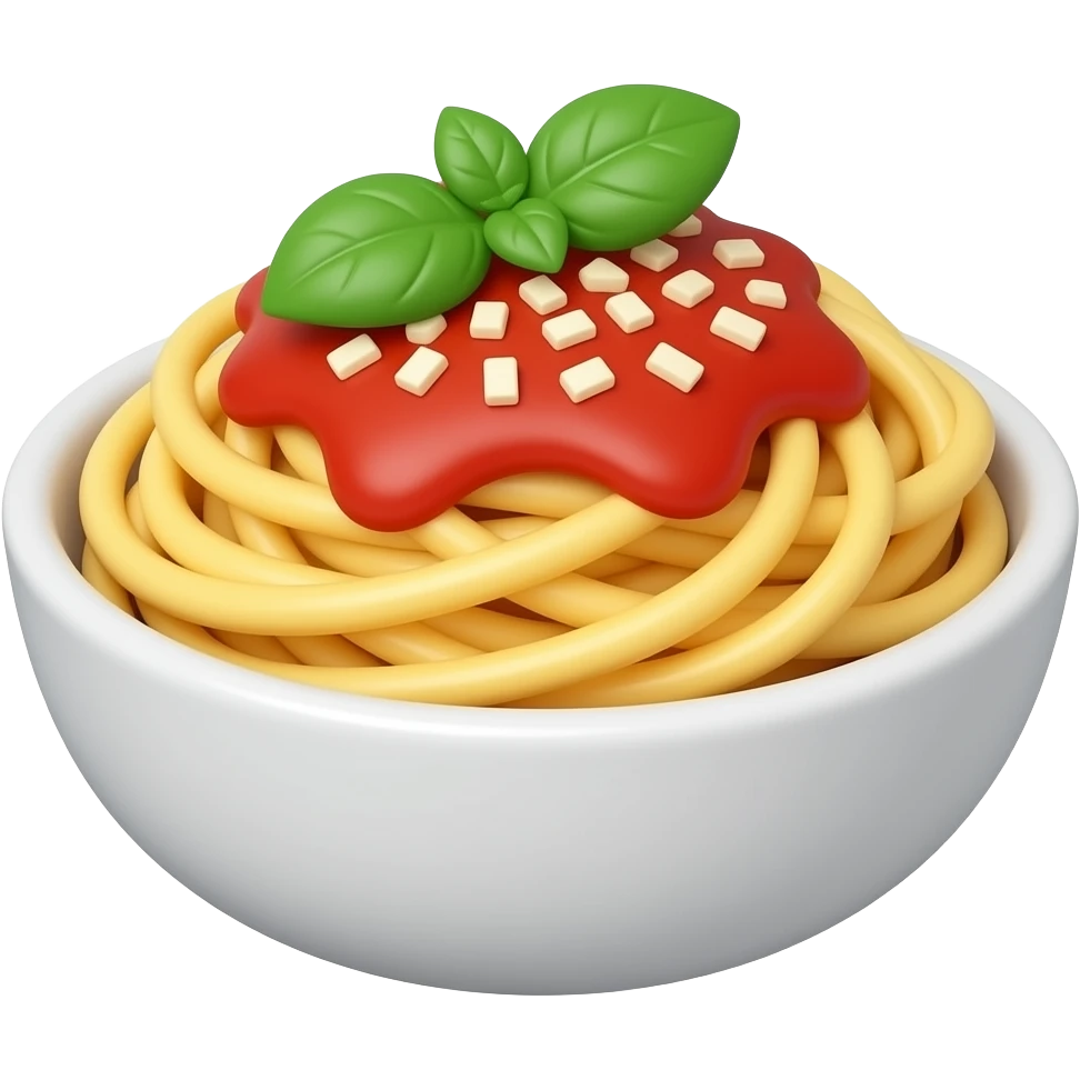 3D emoji style Italian spaghetti pasta in a white bowl, 
twirled yellow noodles in red tomato sauce, 
topped with green basil leaf and grated cheese, 
Apple emoji aesthetic, soft highlights, 
transparent background, bold simple shapes emoji