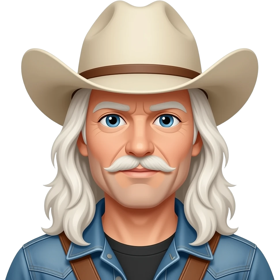 Emoji of man in cowboy hat with long white hair emoji