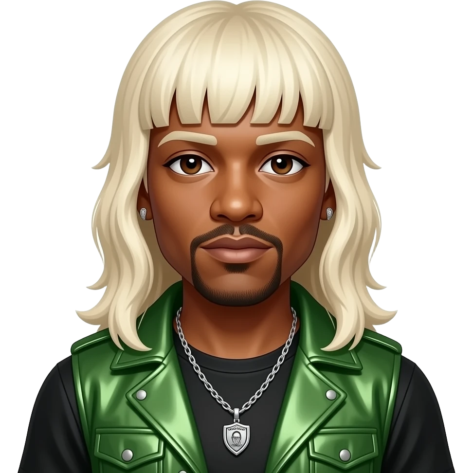 Andre 3000 from Outkast with dark brown eyes, long platinum blonde hair with bang, green metallic vest, necklace and earrings emoji