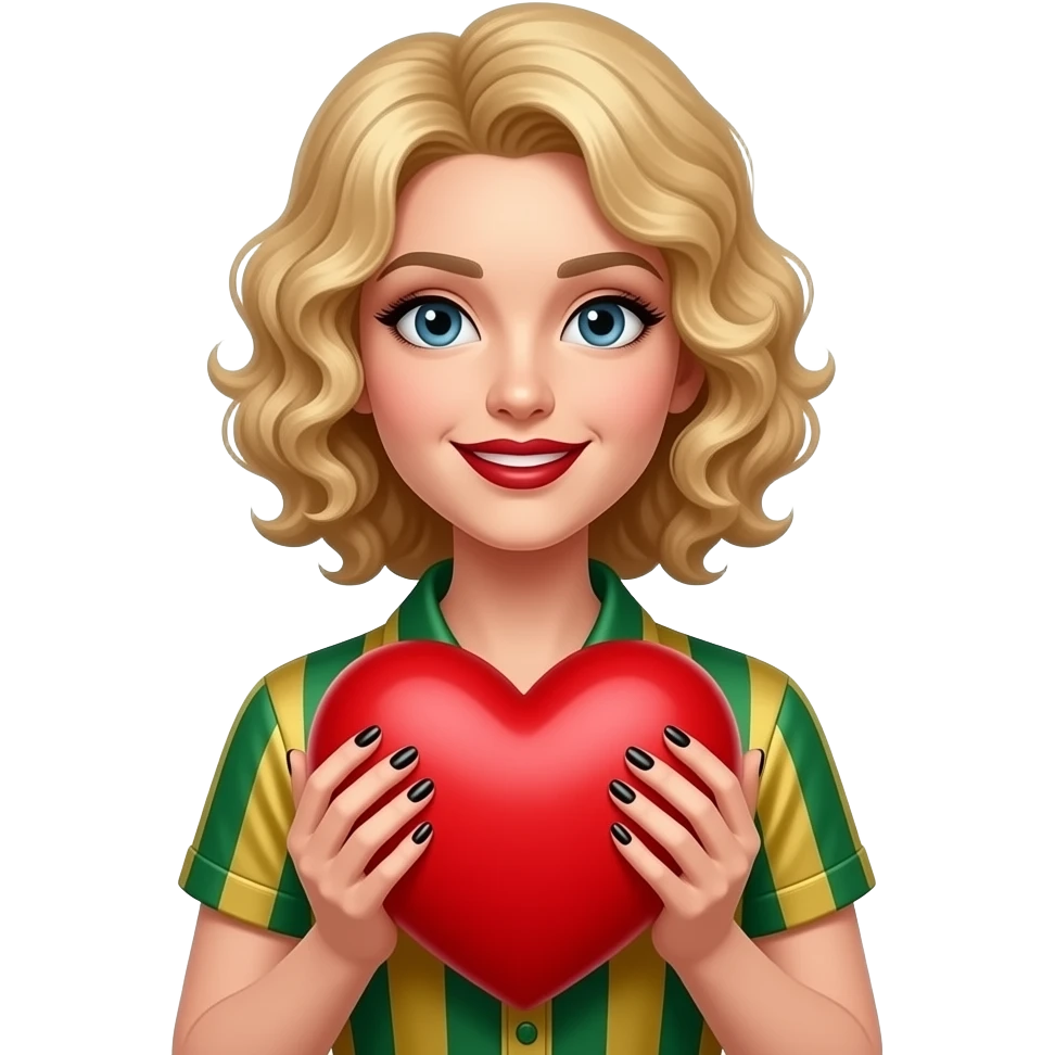 Short blond hair in curls holding a big red heart in with black nail polish and dark red lipstick, in a green and gold short sleeve shirt emoji