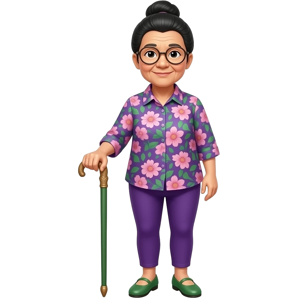 elderly asian woman, with black hair in a bun, wearing glasses and a purple, pink and green floral blouse, purple leggings and green flat shoes, holding an elegant green wood cane emoji