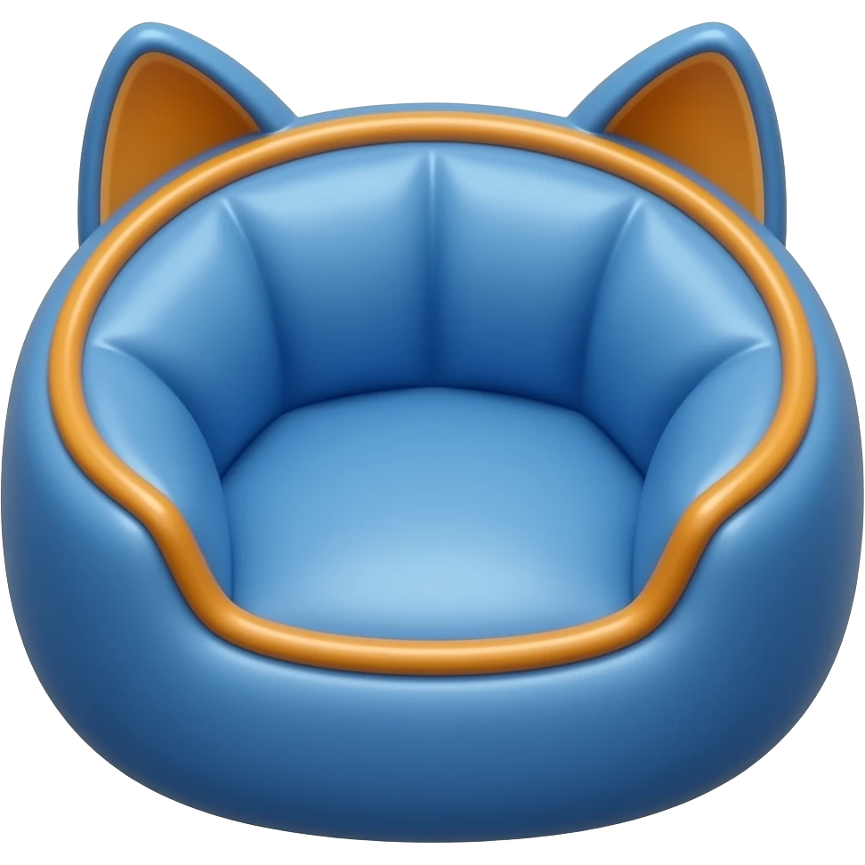 Create a cute polished 3D game icon of a cozy cat bed. Soft round cushion shape with raised edges, blue and orange colors, plush fabric texture, rounded details, gentle shadow. Empty bed only, no cat, no animal, no character, no face, transparent background, no text. emoji
