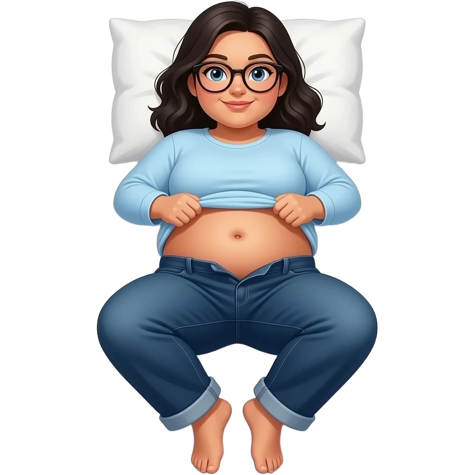 Obese Hispanic woman with black hair and blue eyes rounded black glasses plain light blue long sleeve shirt and dark blue baggy jeans and belly button laying down on her pillow on her bed showing her feet lifting her shirt all the way up emoji