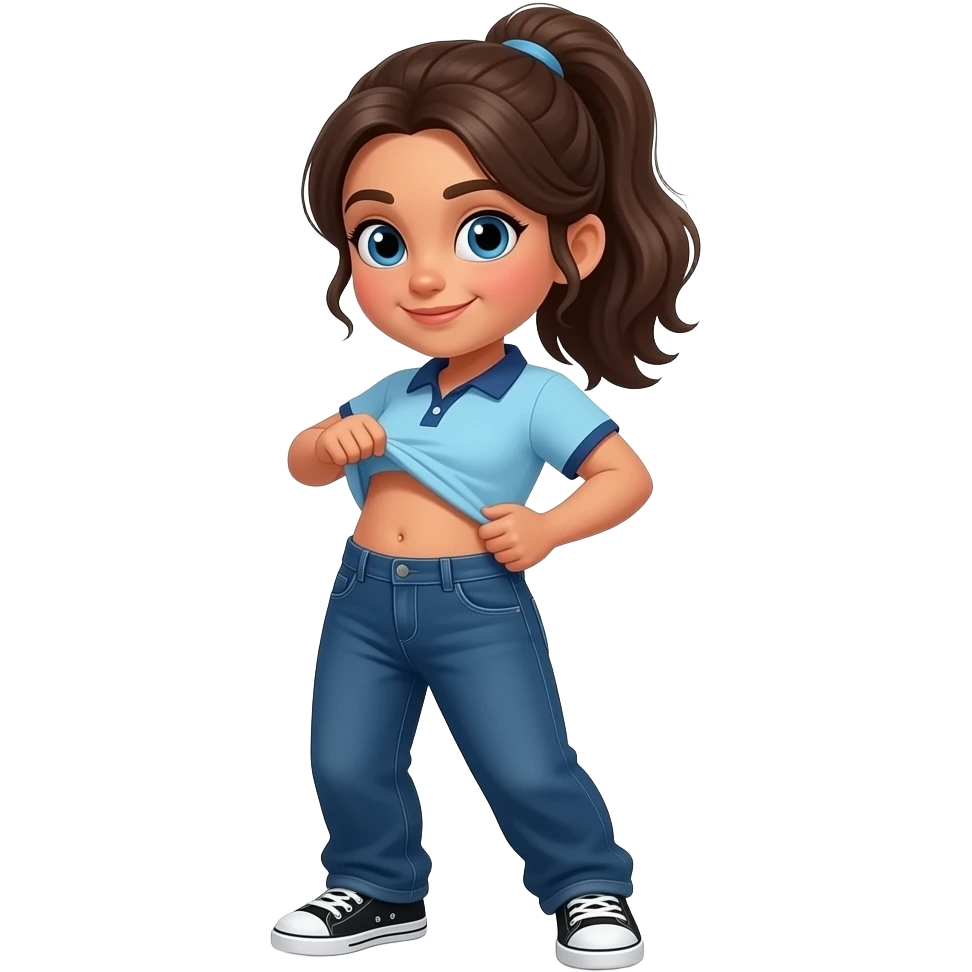 Hispanic girl with brown ponytail and blue eyes light blue dark blue lined polo and dark blue baggy jeans and belly button and black and white sneakers lifting her shirt funny belly trick emoji
