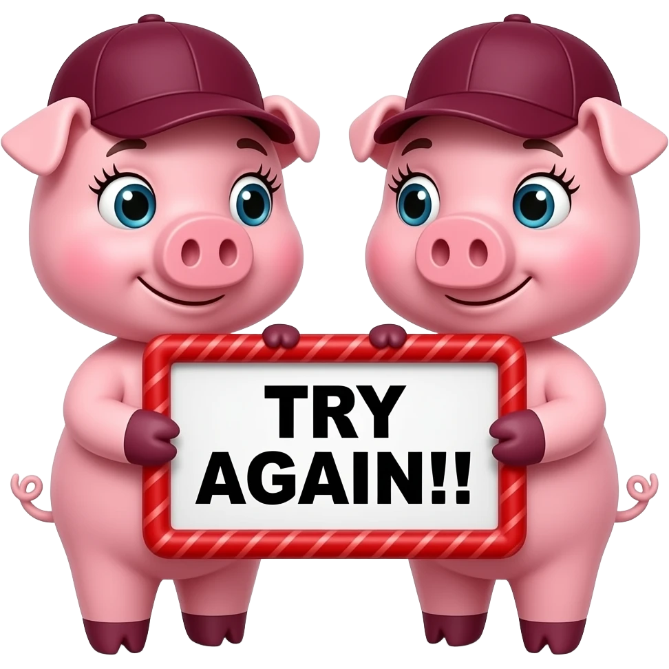 Create a super cute stuffed Animals which Looks Like a pink Piggys facing each other with big eyes and long eyelashes with a burgundy cap holding a red ondulated frame sign with in front of its chest that says in a funny big black font "TRY AGAIN!!!" emoji