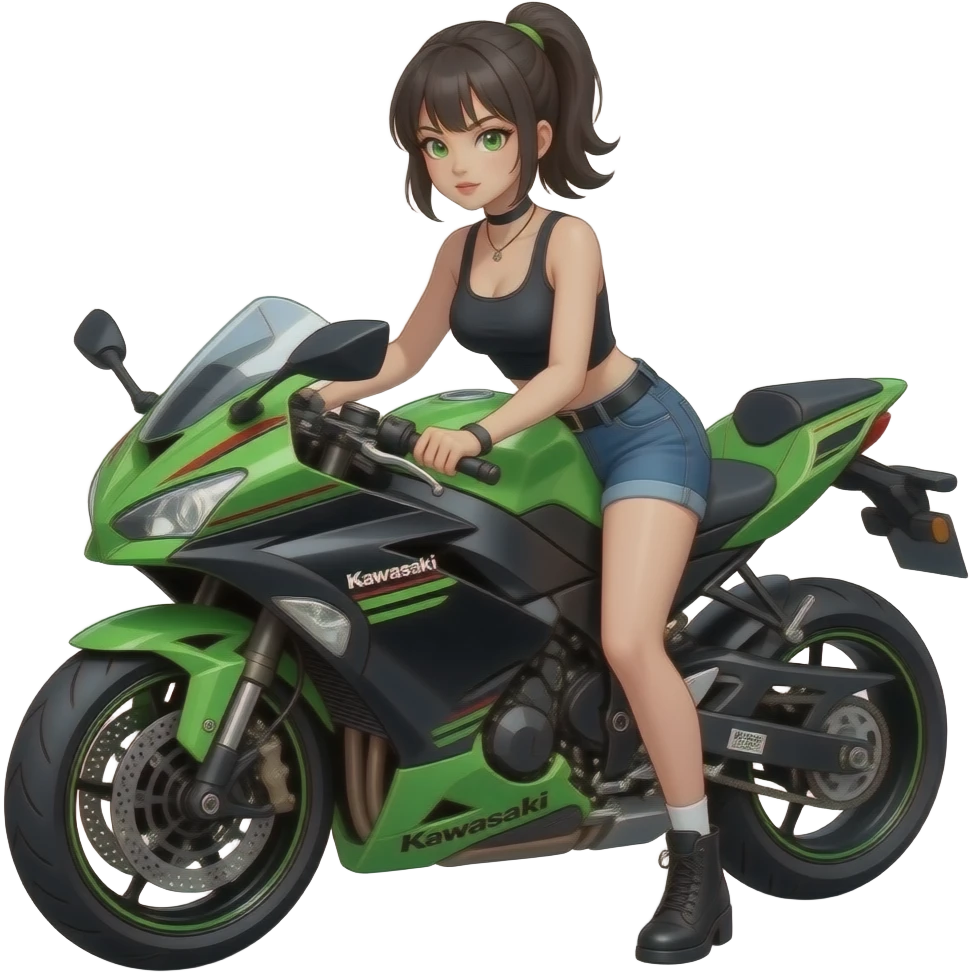 A girl that she's on the a kawasaki motorcycle in a dark style with green eyes and bossy style emoji