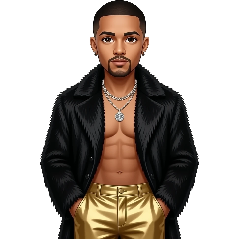 Drake with dark brown eyes, black buzz cut hair, black fur coat, gold metallic baggy pants, shirtless with necklace and earrings emoji