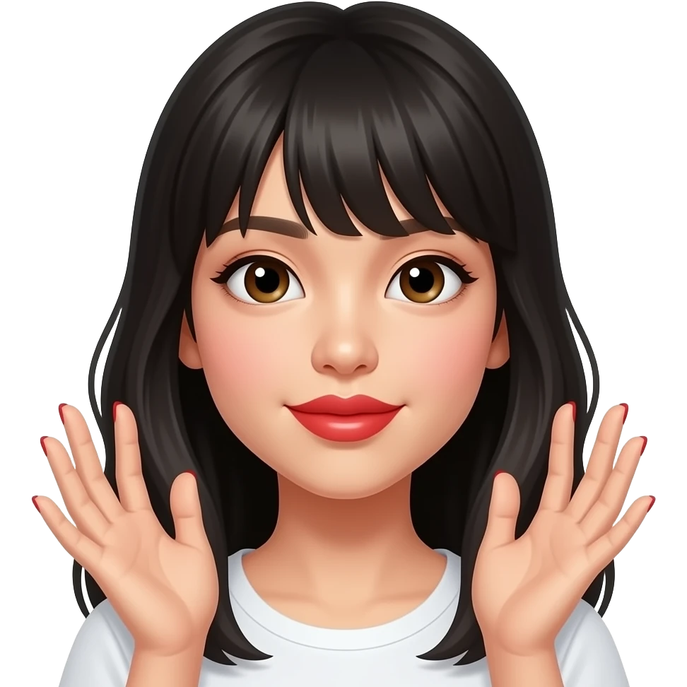 Asian girl with duck lips and red nails emoji