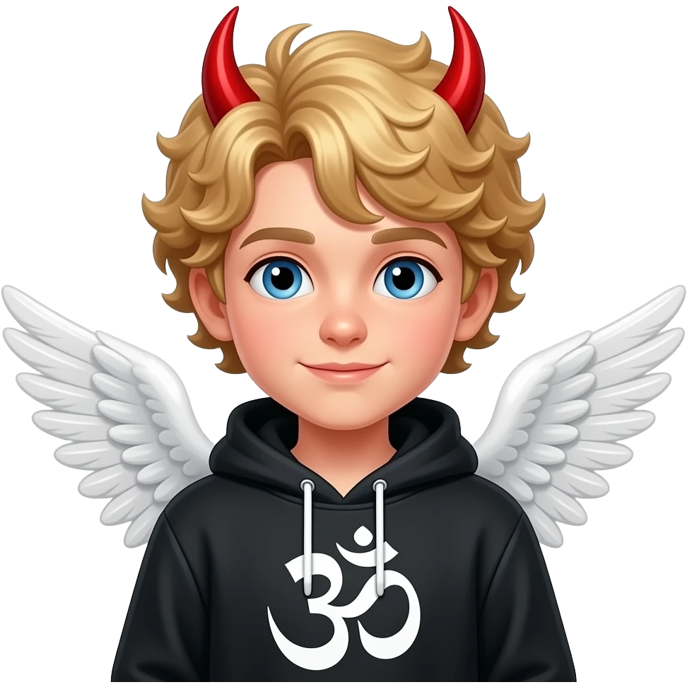 Blond curly hair boy angel wings black hoodie blue eyes red devil horns om emoji