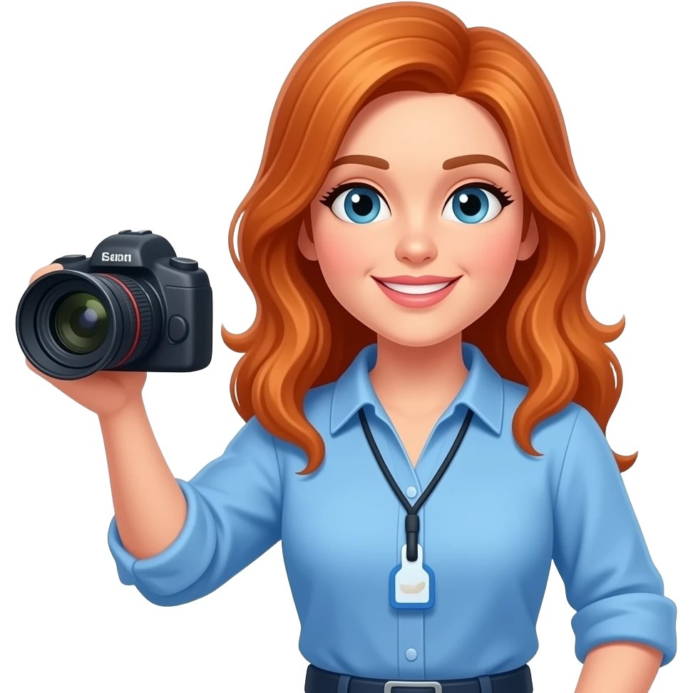REPORTERA RUBIA DE TELEVISIÓN CON CAMARA Y CAMISA AZUL emoji