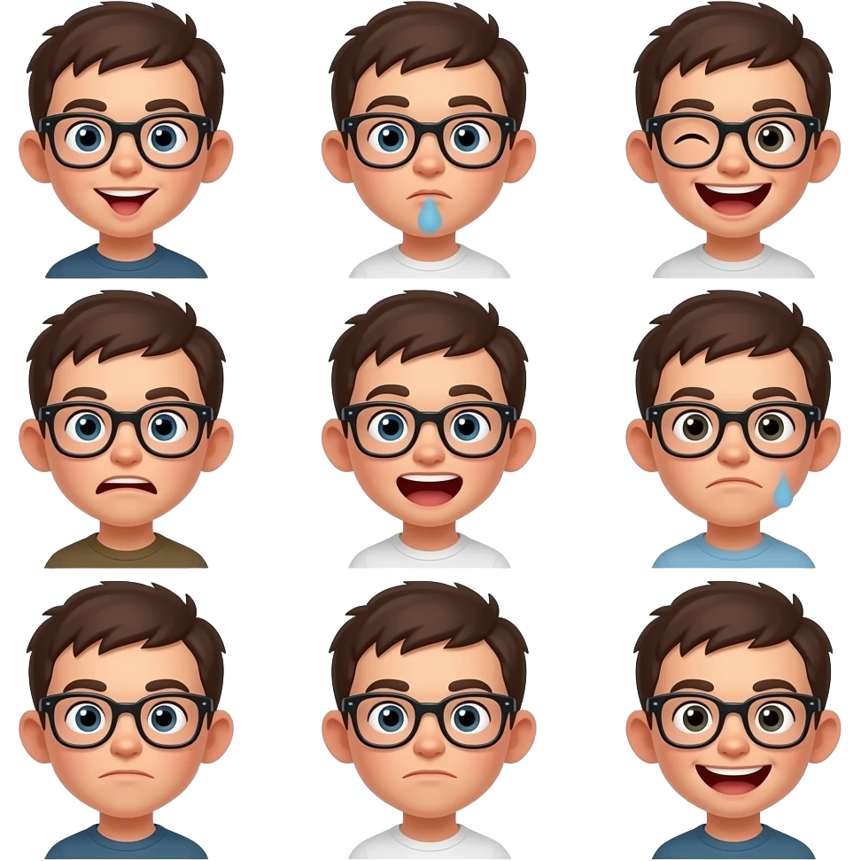 Boy with specs with various face emoji