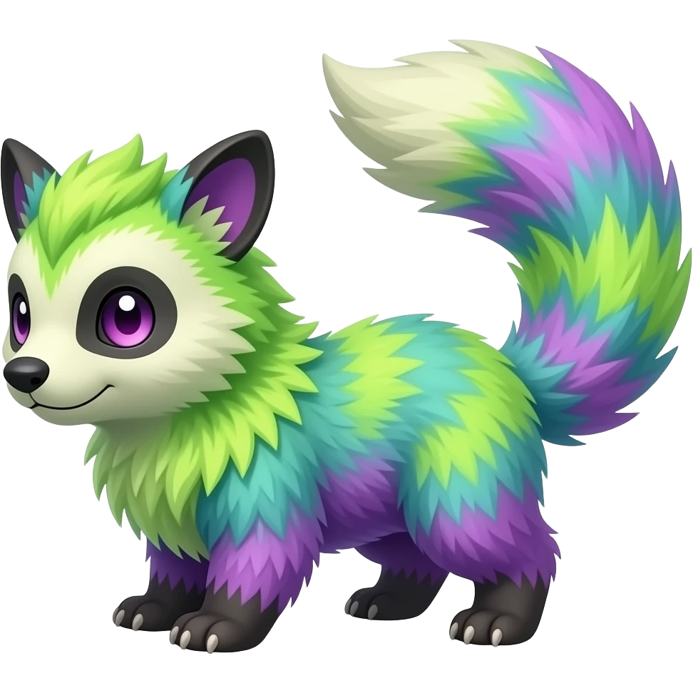 Iridescent Neon Lime-Green-Magenta-gradients Minccino-Numbat-Sergal-fusion-hybrid-animal-creature, full body emoji