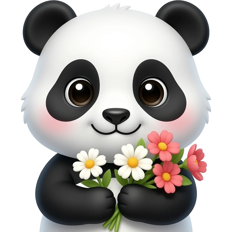 a simple bust shot of a cute panda holding flowers emoji